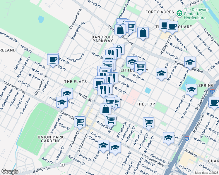 map of restaurants, bars, coffee shops, grocery stores, and more near 619 North Lincoln Street in Wilmington