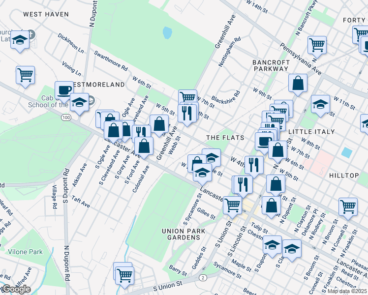map of restaurants, bars, coffee shops, grocery stores, and more near 2500 West 4th Street in Wilmington