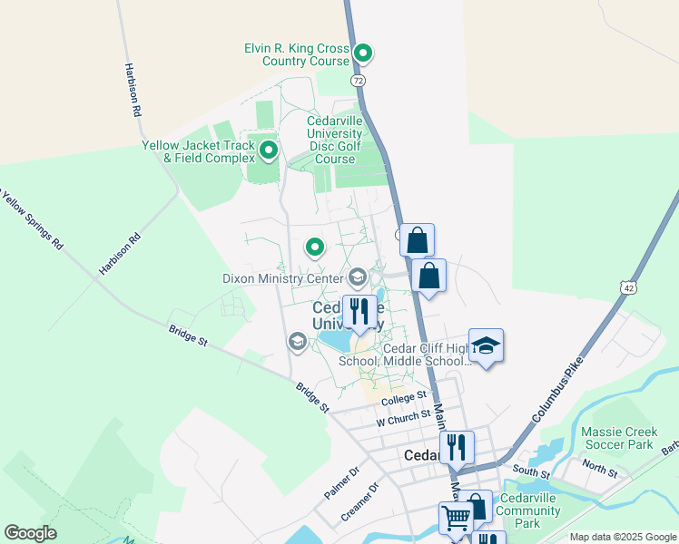 map of restaurants, bars, coffee shops, grocery stores, and more near 561 North Main Street in Cedarville