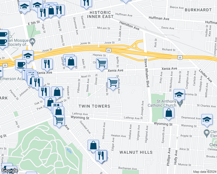 map of restaurants, bars, coffee shops, grocery stores, and more near 151 Nassau Street in Dayton