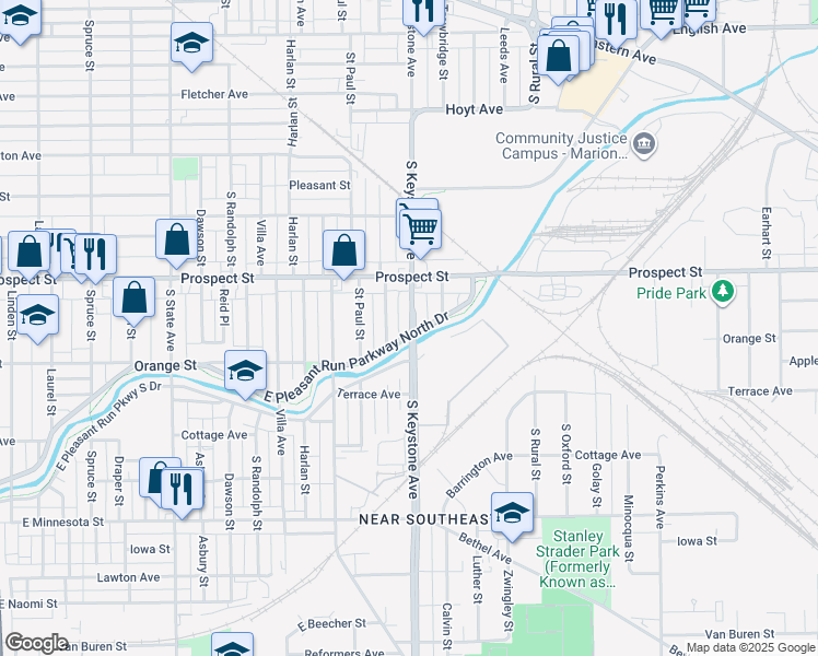 map of restaurants, bars, coffee shops, grocery stores, and more near 1135 South Keystone Avenue in Indianapolis
