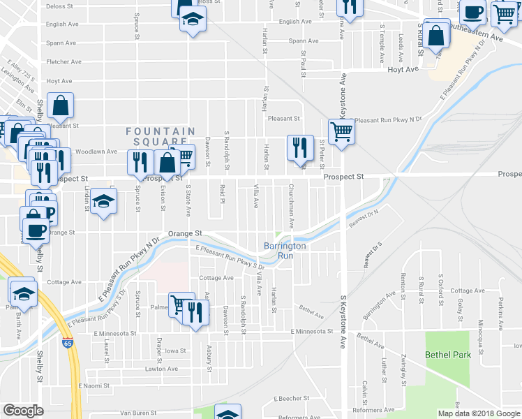map of restaurants, bars, coffee shops, grocery stores, and more near 1130 Harlan Street in Indianapolis