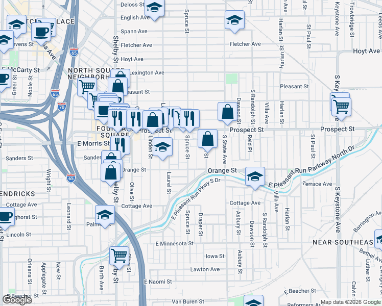 map of restaurants, bars, coffee shops, grocery stores, and more near 1125 Spruce Street in Indianapolis