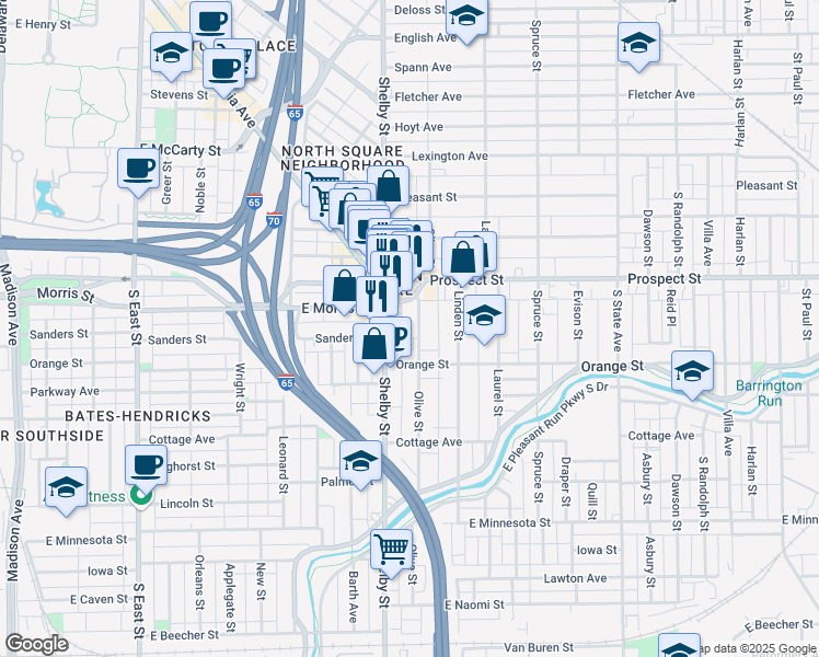 map of restaurants, bars, coffee shops, grocery stores, and more near 1130 Olive Street in Indianapolis