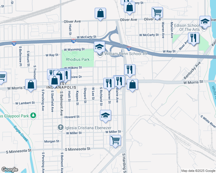 map of restaurants, bars, coffee shops, grocery stores, and more near 1710 West Morris Street in Indianapolis