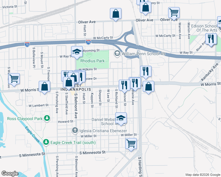 map of restaurants, bars, coffee shops, grocery stores, and more near 1744 West Morris Street in Indianapolis