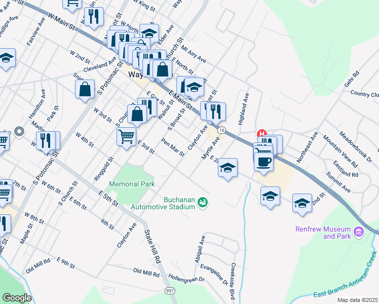 map of restaurants, bars, coffee shops, grocery stores, and more near 115 Clayton Avenue in Waynesboro