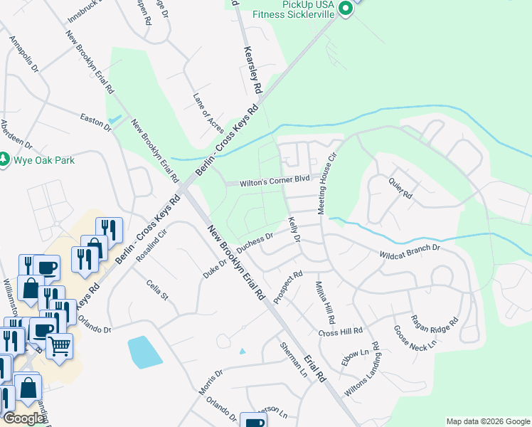 map of restaurants, bars, coffee shops, grocery stores, and more near Kelly Drive in Winslow Township