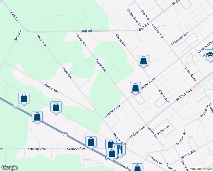 map of restaurants, bars, coffee shops, grocery stores, and more near 2801 Guynn Avenue in Chico