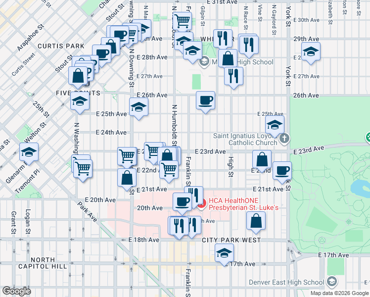 map of restaurants, bars, coffee shops, grocery stores, and more near 2341 Franklin Street in Denver