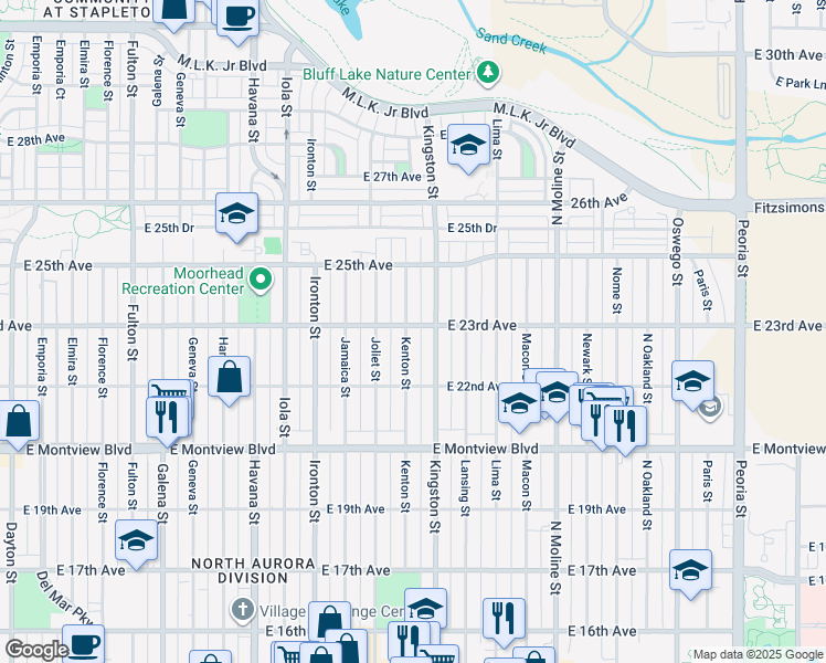 map of restaurants, bars, coffee shops, grocery stores, and more near 2272 Kenton Street in Aurora