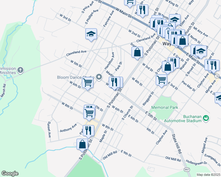 map of restaurants, bars, coffee shops, grocery stores, and more near 122 West 5th Street in Waynesboro