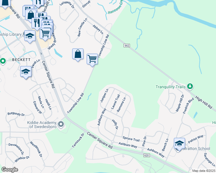 map of restaurants, bars, coffee shops, grocery stores, and more near 211 Juniper Lane in Woolwich Township