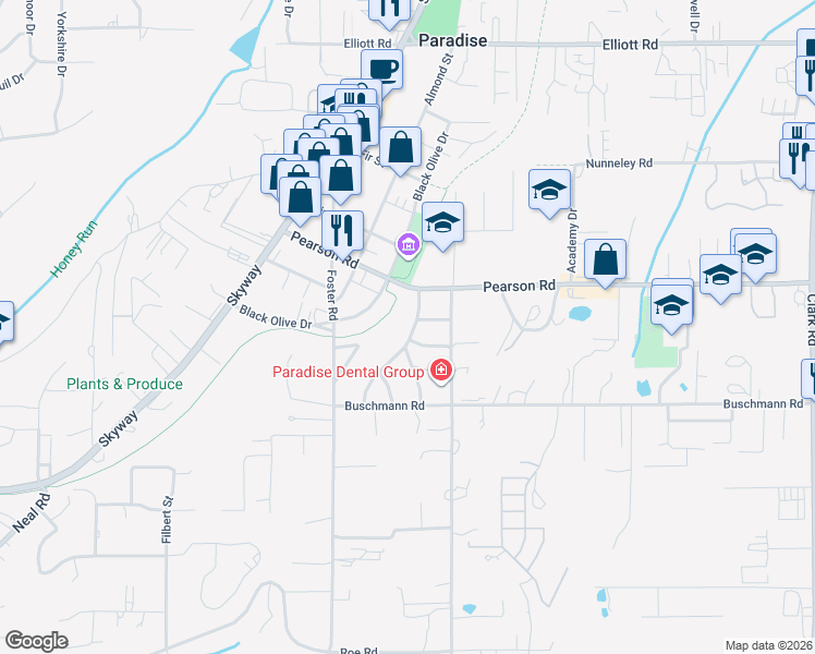 map of restaurants, bars, coffee shops, grocery stores, and more near 5629 Sierra Park Drive in Paradise