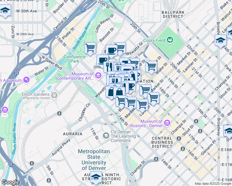 map of restaurants, bars, coffee shops, grocery stores, and more near 1519 Wynkoop Street in Denver