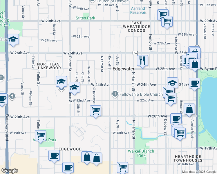 map of restaurants, bars, coffee shops, grocery stores, and more near 2410 Kendall Street in Edgewater