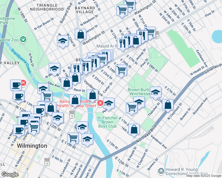 map of restaurants, bars, coffee shops, grocery stores, and more near 217 East 22nd Street in Wilmington