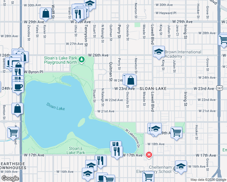 map of restaurants, bars, coffee shops, grocery stores, and more near 2307 Quitman Street in Denver