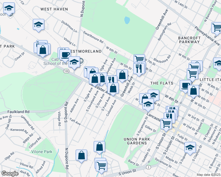 map of restaurants, bars, coffee shops, grocery stores, and more near 201 North Gray Avenue in Wilmington