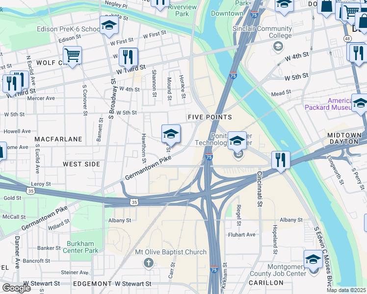 map of restaurants, bars, coffee shops, grocery stores, and more near 354 Mound Street in Dayton