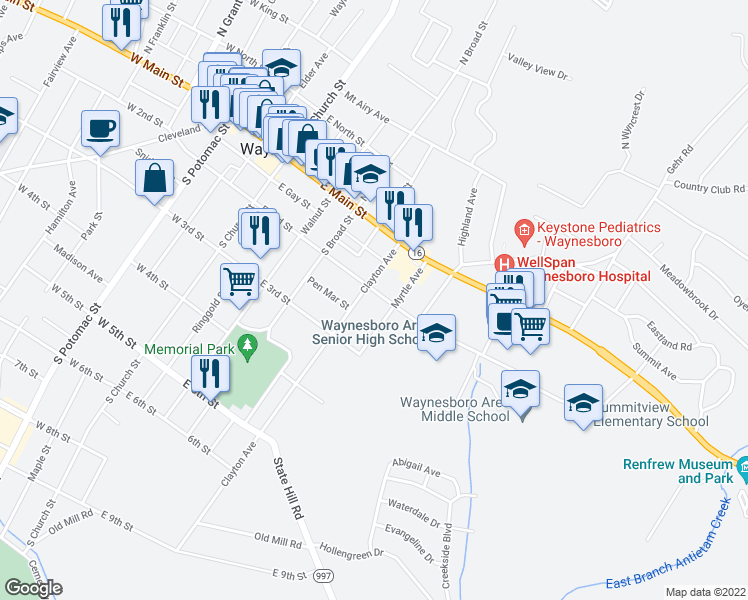 map of restaurants, bars, coffee shops, grocery stores, and more near 274 East 2nd Street in Waynesboro