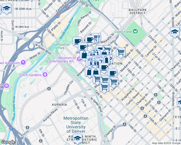 map of restaurants, bars, coffee shops, grocery stores, and more near 15th St & Wynkoop St in Denver
