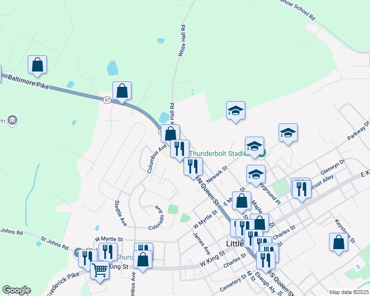map of restaurants, bars, coffee shops, grocery stores, and more near 23 Carroll Street in Littlestown