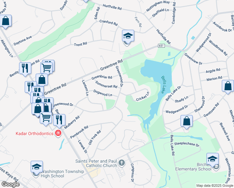 map of restaurants, bars, coffee shops, grocery stores, and more near 30 Dogwood Lane in Washington Township
