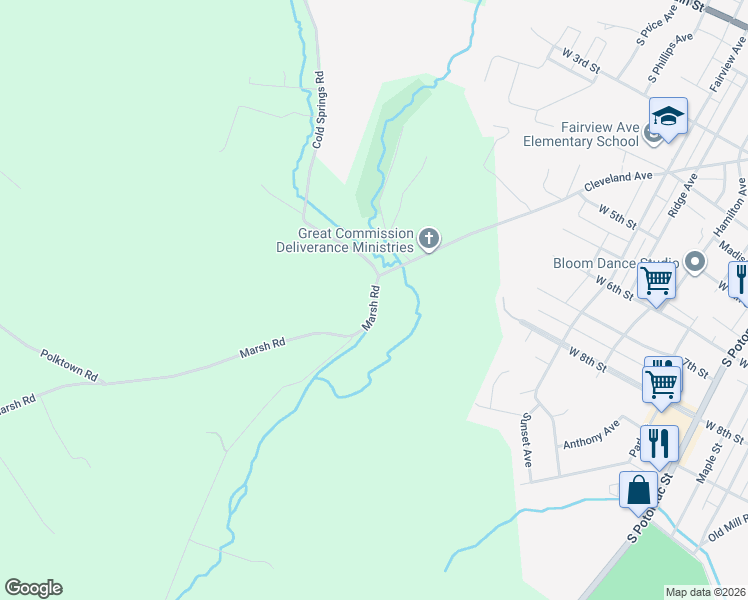map of restaurants, bars, coffee shops, grocery stores, and more near 6381 Marsh Road in Waynesboro
