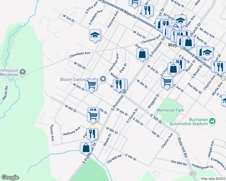 map of restaurants, bars, coffee shops, grocery stores, and more near 126 West 5th Street in Waynesboro