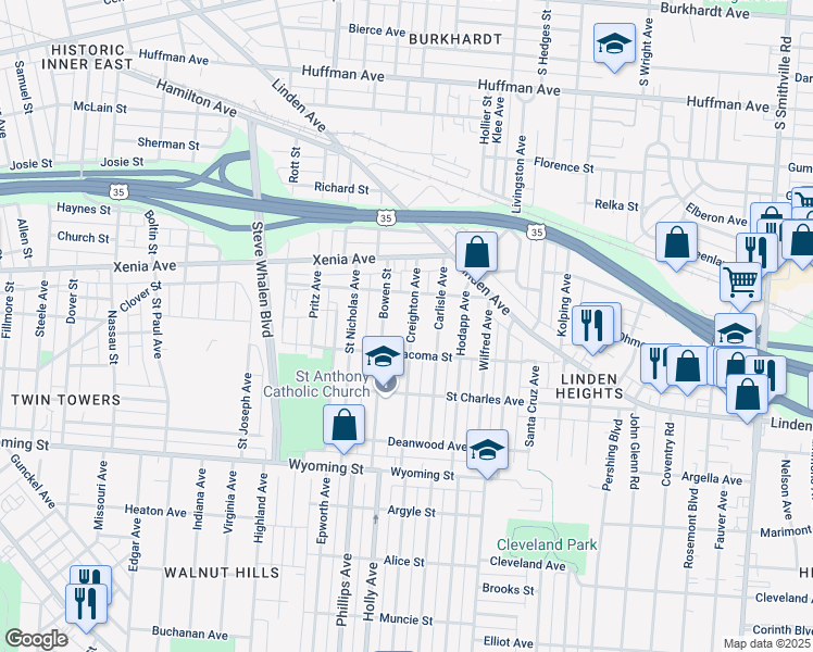 map of restaurants, bars, coffee shops, grocery stores, and more near 637 Creighton Avenue in Dayton
