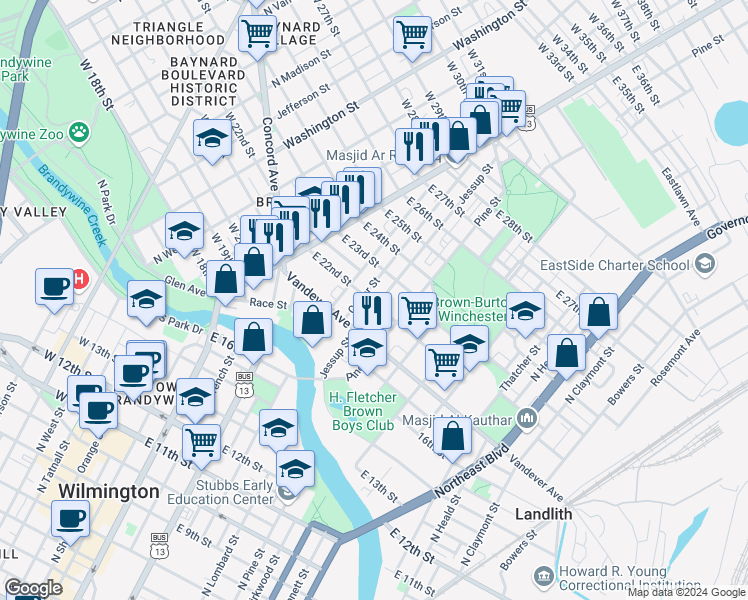 map of restaurants, bars, coffee shops, grocery stores, and more near 215 East 22nd Street in Wilmington