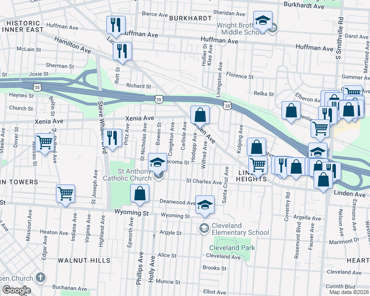 map of restaurants, bars, coffee shops, grocery stores, and more near 615 Hodapp Avenue in Dayton