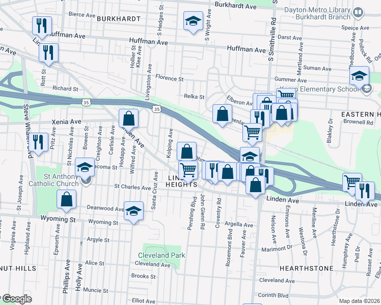 map of restaurants, bars, coffee shops, grocery stores, and more near 1350 Jordan Avenue in Dayton
