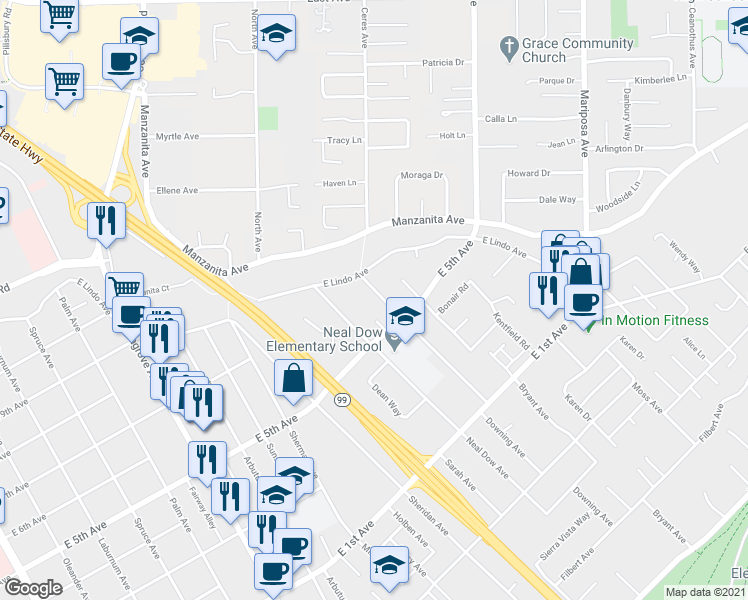 map of restaurants, bars, coffee shops, grocery stores, and more near 1605 Downing Avenue in Chico