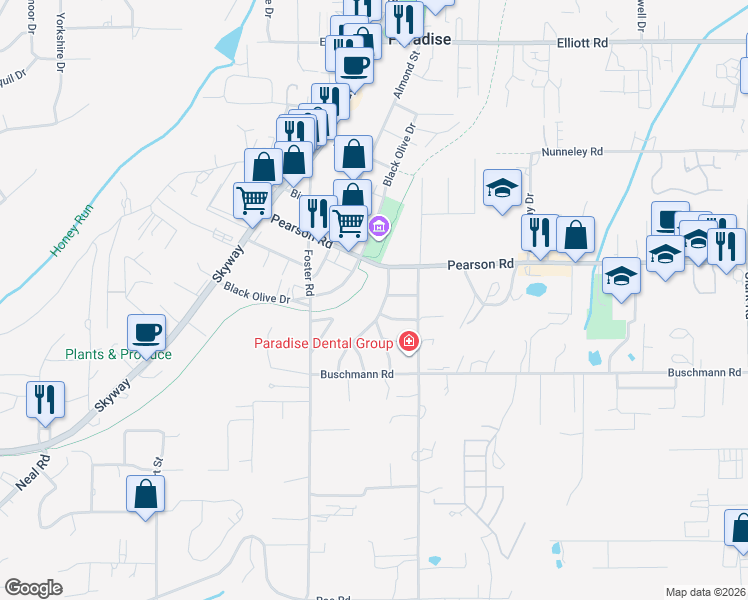 map of restaurants, bars, coffee shops, grocery stores, and more near 5629 Sierra Park Drive in Paradise