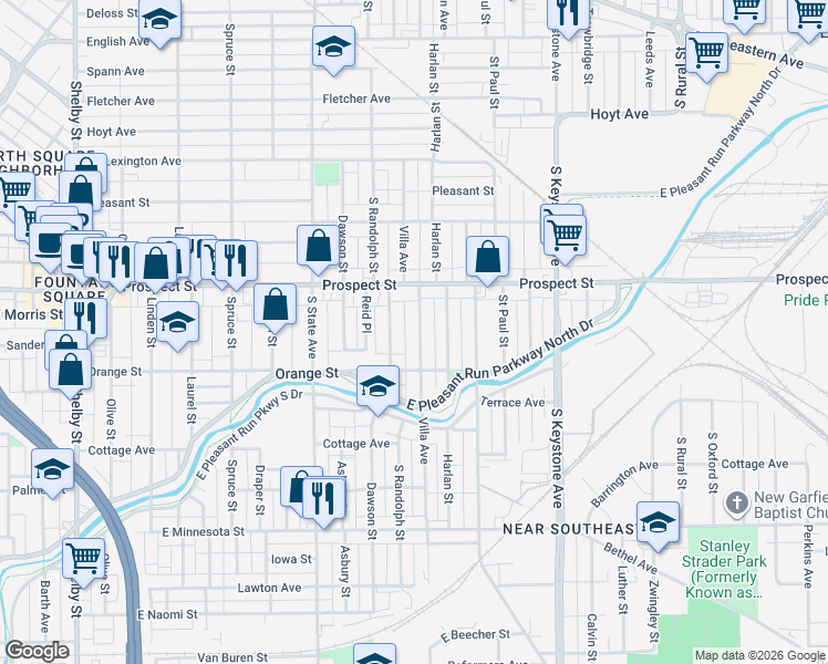 map of restaurants, bars, coffee shops, grocery stores, and more near 1136 Villa Avenue in Indianapolis