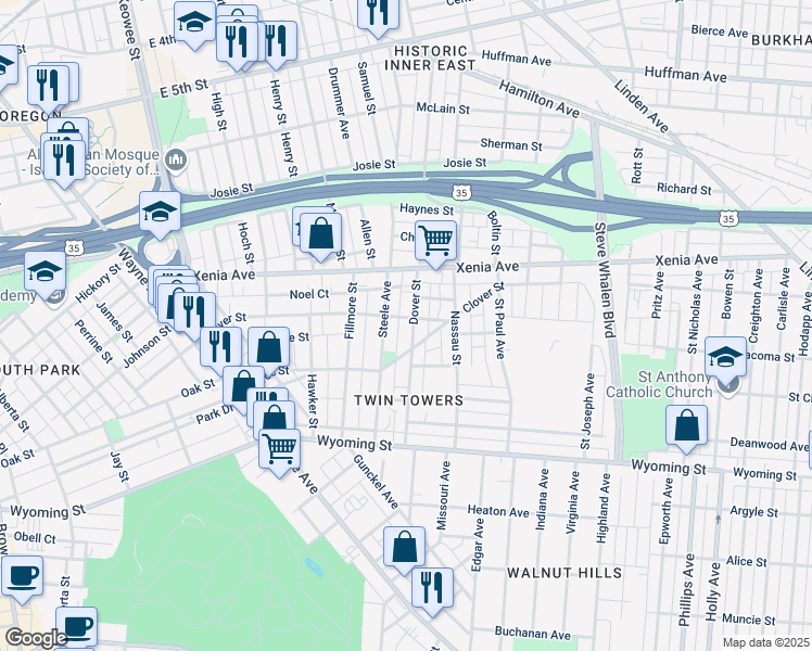 map of restaurants, bars, coffee shops, grocery stores, and more near 50 Dover Street in Dayton