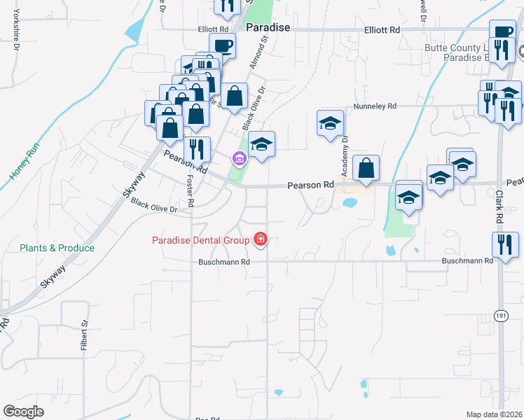 map of restaurants, bars, coffee shops, grocery stores, and more near 5650 Sierra Park Drive in Paradise