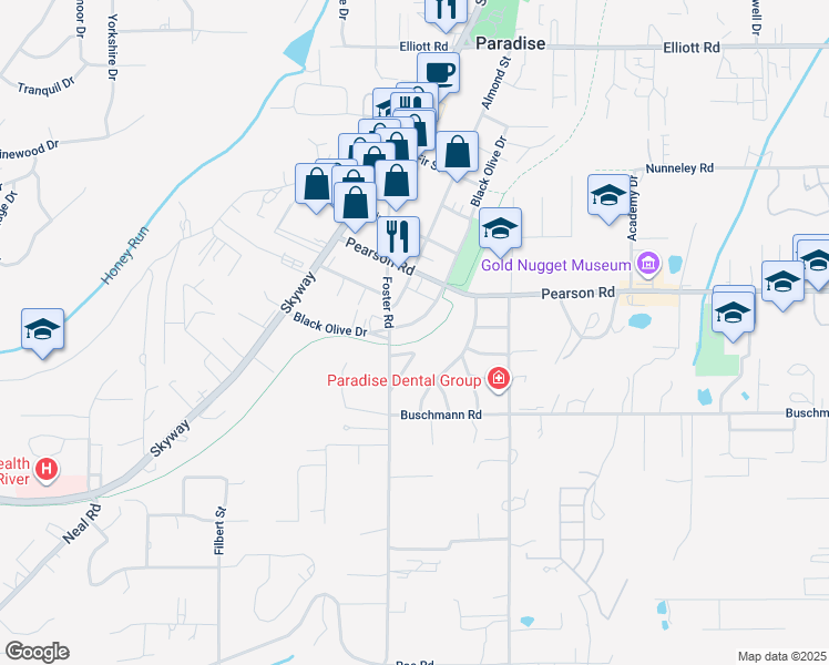 map of restaurants, bars, coffee shops, grocery stores, and more near 5382 Black Olive Drive in Paradise
