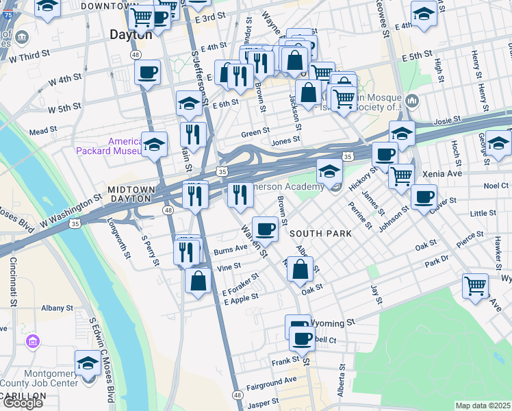 map of restaurants, bars, coffee shops, grocery stores, and more near 110 Buckeye Street in Dayton