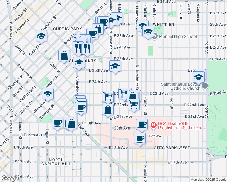 map of restaurants, bars, coffee shops, grocery stores, and more near 2334 North Downing Street in Denver