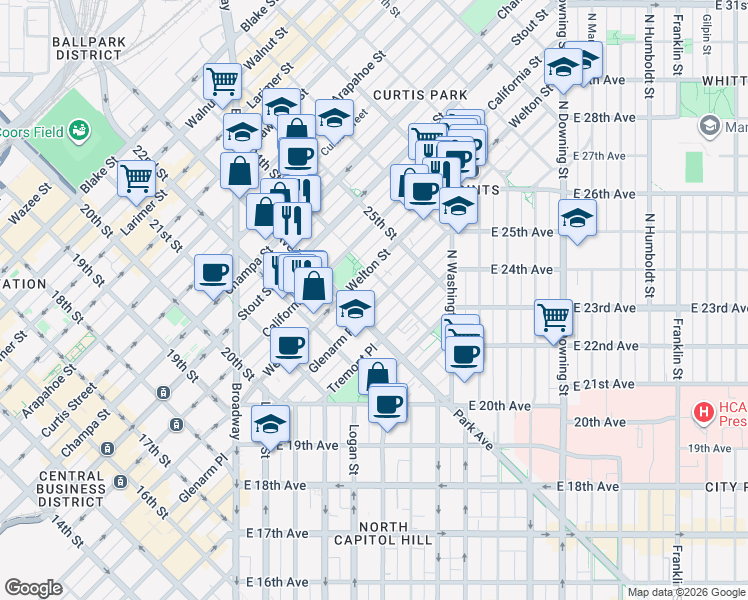 map of restaurants, bars, coffee shops, grocery stores, and more near 2350 Welton Street in Denver