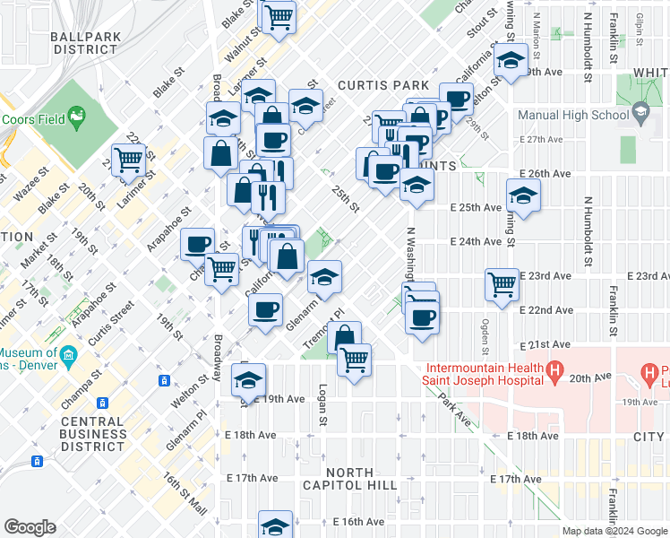 map of restaurants, bars, coffee shops, grocery stores, and more near 2350 Welton Street in Denver