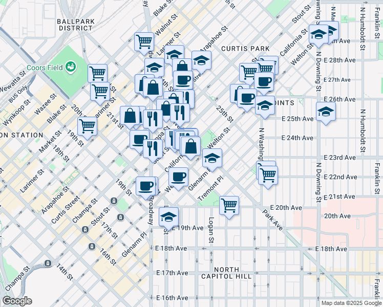 map of restaurants, bars, coffee shops, grocery stores, and more near 2260 California Street in Denver