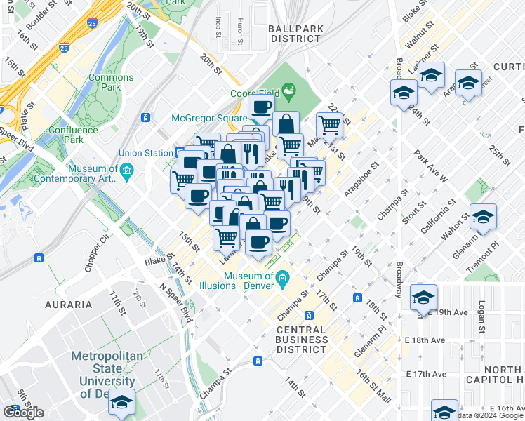 map of restaurants, bars, coffee shops, grocery stores, and more near 1777 Larimer Street in Denver