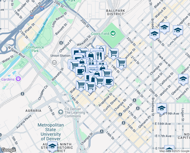 map of restaurants, bars, coffee shops, grocery stores, and more near 1730 Blake Street in Denver