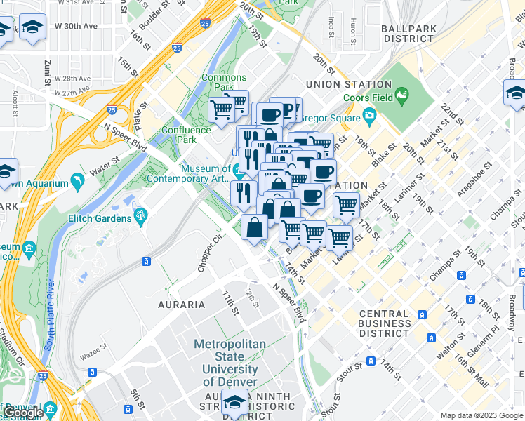 map of restaurants, bars, coffee shops, grocery stores, and more near in Denver