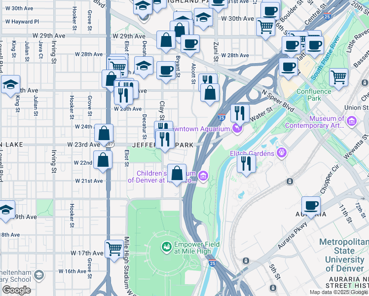 map of restaurants, bars, coffee shops, grocery stores, and more near 2401 Alcott Street in Denver