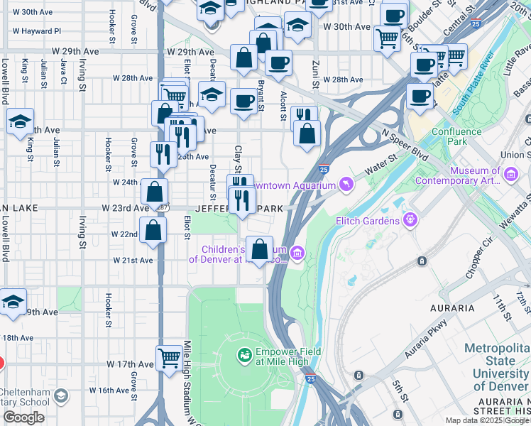 map of restaurants, bars, coffee shops, grocery stores, and more near 2607 West 23rd Avenue in Denver